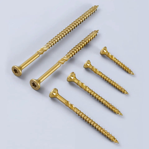 Workhorse Number 10 By 4 Inch Golden Deck Screws With T25 Torx Star Drive And Bugle Head For Interior Exterior Fencing Patio Decks And Furniture Builds 121 Piece Value Pack displayed in various sizes.