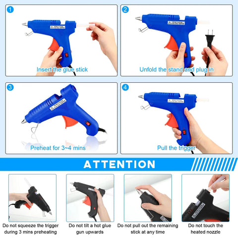 4 Pack 100W Full Size Hot Glue Gun Set Blue Bulk For Crafts And Repairs Must Have Durable Easy Grip High Heat Glue Guns With Quick Heat Up Reliable Adhesive Tool Kit For DIY Projects, instruction collage