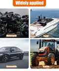 Motorcycle, yacht, automobile, and tractor showing diverse applications for the Long Neck Oil Funnel Set 2 Pack Small Plastic Spill Saver Funnels.