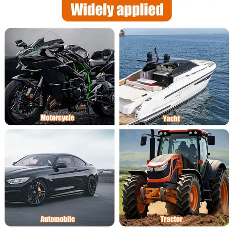 Motorcycle, yacht, automobile, and tractor showing diverse applications for the Long Neck Oil Funnel Set 2 Pack Small Plastic Spill Saver Funnels.