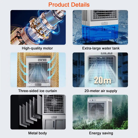 Do Not Sweat The Heat With This Hella Efficient Portable Evaporative Swamp Cooler Offering 120 Degree Oscillation, 3 Fan Speeds, And Six Cooling Ice Packs For Serious Comfort Indoors Or Outdoors product details with motor, water tank, ice curtain, air supply, metal body.