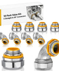 10 Piece Liquid Tight Conduit Connector Pack Includes 3/4 Inch Straight Fittings And Ninety Degree Elbows, heavy duty metal connectors.