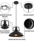 Black Pendant Light Set Of 3, 12.5 Inch Industrial Farmhouse Pendant Lighting details with ceiling canopy and bracket