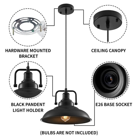 Black Pendant Light Set Of 3, 12.5 Inch Industrial Farmhouse Pendant Lighting details with ceiling canopy and bracket