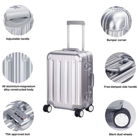 All Aluminum Carry On Luggage With TSA Locks Hard Shell Spinner Suitcase, Aluminum Magnesium Alloy Bumper Corners, 20 Inch Silver
