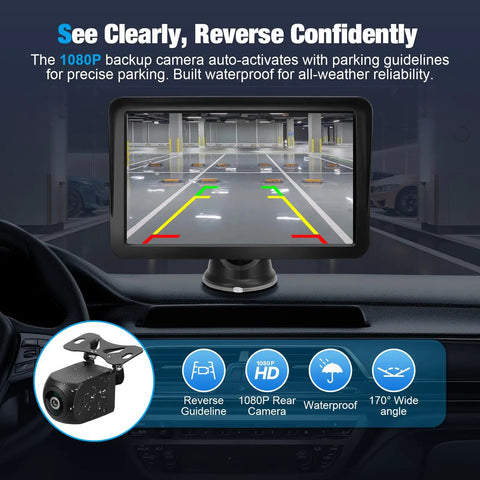 9 Inch Wireless CarPlay Screen with 1080P backup camera and parking guidelines on car dashboard, universal fit display