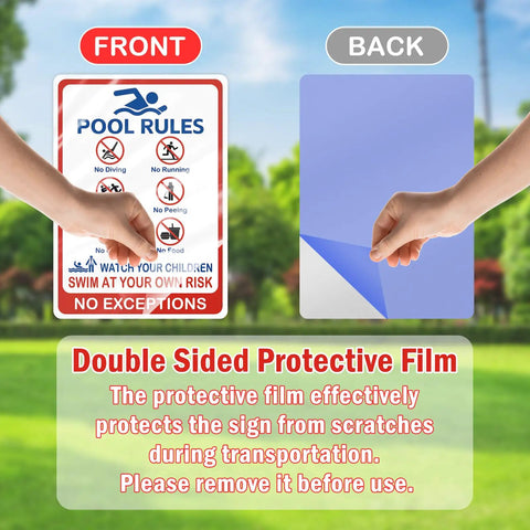 Big Pool Rules Sign 10x14 Inches For Outdoor Pools And Water Parks No Diving No Running No Pushing No Peeing No Glass displayed with protective film