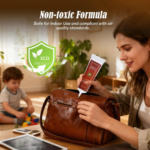 Woman applying Industrial Strength Leather Glue Adhesive Two 4.23 Oz Bottles Clear Flexible Bond on brown leather purse indoors.