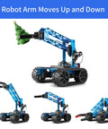 Robotic arm kit by Amazon; front view of blue tracked robot arm grasping a small green tree.