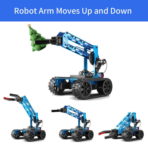 Robotic arm kit by Amazon; front view of blue tracked robot arm grasping a small green tree.