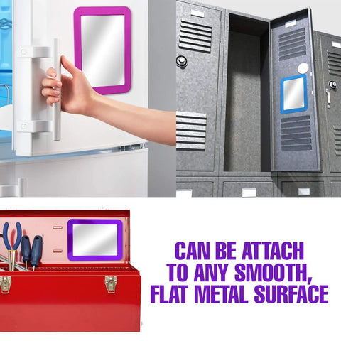 Magnetic Real Glass Mirror 5x7 Inch White Framed Locker Accessory on a fridge door, locker, and toolbox.