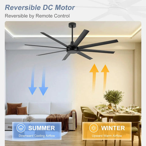 65 Inch Ceiling Fan With Remote Control No Light Black DC Motor Ultra Quiet 8 Reversible Blades in living room setup