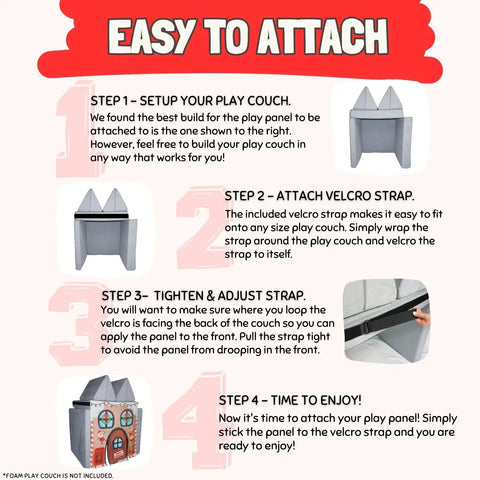 Instructions for attaching Santa's Workshop Play Panel to foam sofa using Velcro, featuring step-by-step guide and foam material.