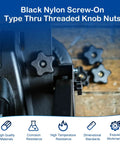 Front view of seven black nylon 5/16-18 star knob clamps with screw-on nuts on a metal jig.