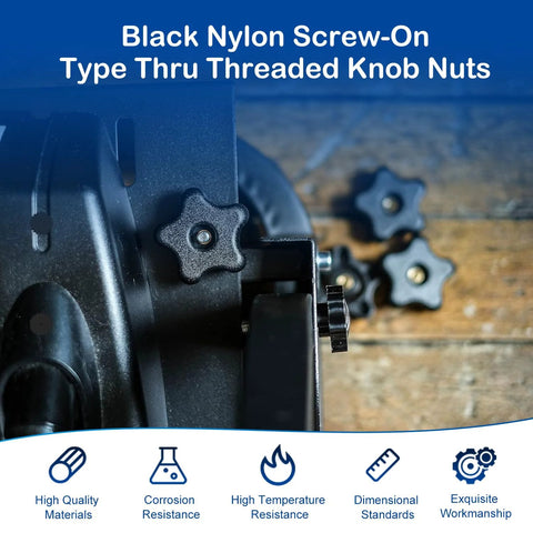 Front view of seven black nylon 5/16-18 star knob clamps with screw-on nuts on a metal jig.