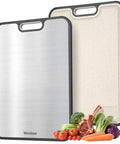 Two In One Titanium Cutting Board For Kitchen With Double Sides, Non Toxic Food Grade Titanium Surface For Raw Meat, Seafood And Poultry And BPA Free PP Side For Fruits, Non Slip Cutting Mat, 16 By 11 Inches, Easy To Clean showing both sides with vegetables