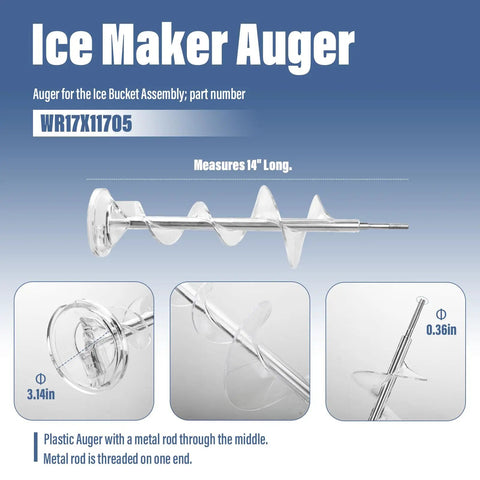 Upgrade Ice Maker Dispenser Auger For Refrigerator Replacement Parts WR17X11705 with dimensions and details visible