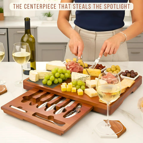 Personalized Acacia Wood Charcuterie Board Set With Heavy Duty Stainless Steel Knives - Custom Engraved Cheese Board Tray For Weddings Housewarmings Dope Hosting Essentials That Slays Every Hangout with assorted cheeses, fruits, and knives.