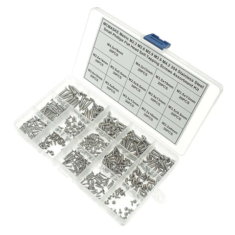 370 Piece Metric 304 Stainless Steel Phillips Flat Head Self Tapping Screws Assortment Kit With M2.2 M2.6 M2.9 M3.5 M4.2 Sizes