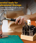 Leather Tool Holder With 48 Holes Wooden Craft Tool Stand Beech Wood Rack Organizer in workshop with hammer and tools