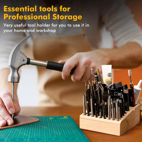 Leather Tool Holder With 48 Holes Wooden Craft Tool Stand Beech Wood Rack Organizer in workshop with hammer and tools