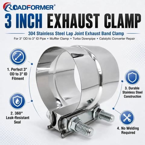 Heavy Duty 3 Inch Exhaust Clamp in 304 Stainless Steel Lap Joint Band fits 3 Inch OD to 3 Inch ID Pipe perfect for mufflers turbos