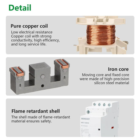Rugged 25A AC Contactor Featuring Four Normally Open Terminals And Din Rail Mounting A smooth operator showing copper coil and iron core details.