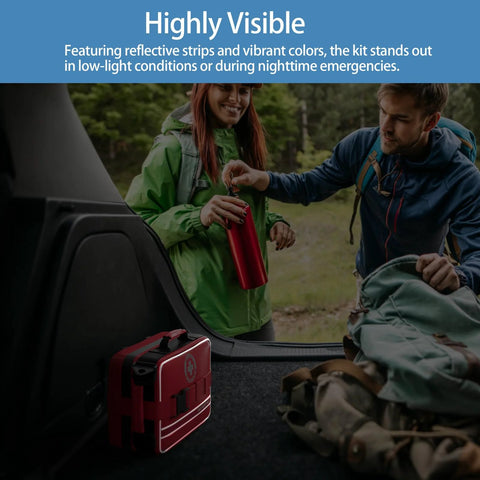 Red compact first aid kit with cross emblem on car trunk in outdoor camping scene