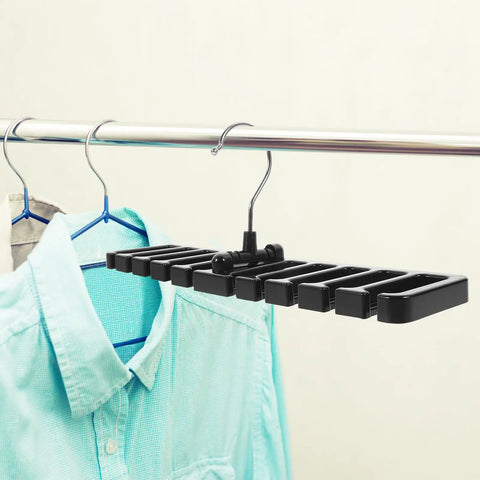 Set Of 2 Black Mens Belt And Tie Hangers To Keep Your Closet Swag On Point Multi Slot Hook Rack holding a blue shirt.