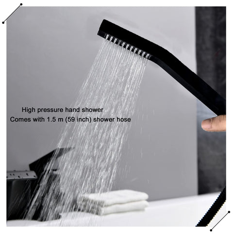 Roman Tub Faucet Deck Mount Waterfall Tub Faucet Matte Black With Hand Shower Sprayer Three Hole Set Includes Hot And Cold Hoses And Hardware