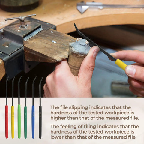 Six-Piece HRC40 To HRC65 Hardness Tester File Set With Color-Coded Handles, 7.1-Inch Carbon Steel Files, Heavy-Duty Pro-Grade Metal Hardness Testing Kit For Industrial QC, Machining, Tool Manufacturing, Includes Oxford Storage Bag. Hand testing metal hardness with color-coded file set.