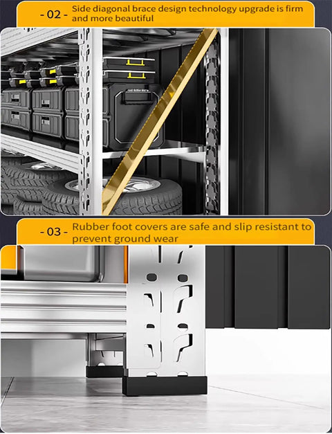 Heavy Duty Garage Shelving Workhorse With Adjustable Steel Shelves And Built In Pegboard System 78 Inch Tall rack showing diagonal brace and rubber foot covers.