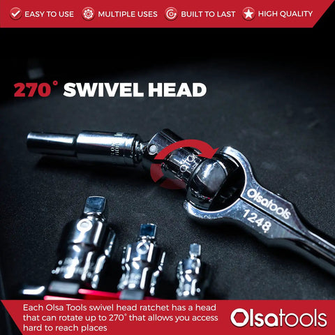 Image of Swivel Head Ratchet Wrench Set 3 Piece Chrome Vanadium Steel 270 Degree Rotation For Tight Spaces Ideal For Getting Sockets In Hard To Reach Areas Versatile For Automotive And Home Projects with 270-degree swivel head highlighted in red.
