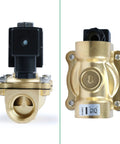 Three Quarter Inch Brass Solenoid Valve 24V DC Normally Closed Heavy Duty Electric Valve For Water Air Diesel With NPT Threaded Connection And 145 PSI Pressure Rating, showing front and back view