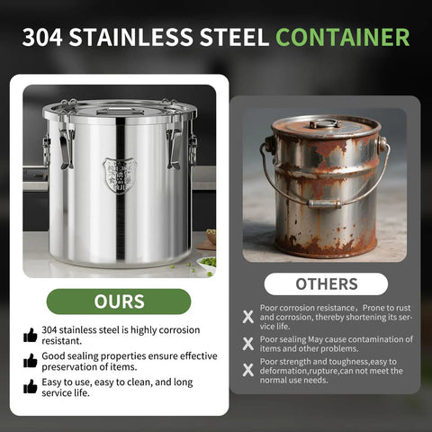 Heavy Duty Stainless Steel Airtight Food Storage Bucket With Secure Locking Lids Great For Bulk Rice Flour Dog Food Or Coffee kept fresh.