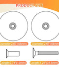Black Door Hole Cover Plate, Heavy Duty Steel, 2 5/8 In Diameter, outlined with screw and bolt size details on sizing chart.
