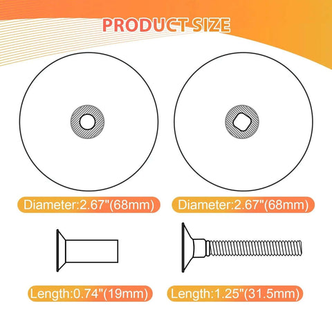 Black Door Hole Cover Plate, Heavy Duty Steel, 2 5/8 In Diameter, outlined with screw and bolt size details on sizing chart.