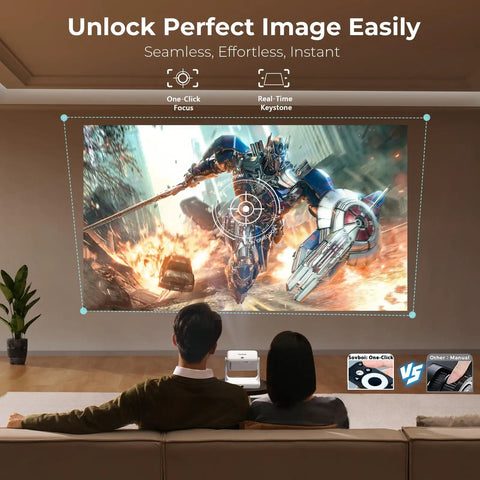 Outdoor 4K Projector With Built In Google TV And Voice Control For Backyard Cinema displaying action movie scene indoors