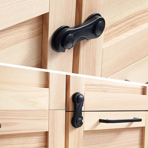 Black 10 Pack Child Safety Cabinet Locks For Drawers, Fridge, Oven, Toilet Seat, And More on wooden cabinets.