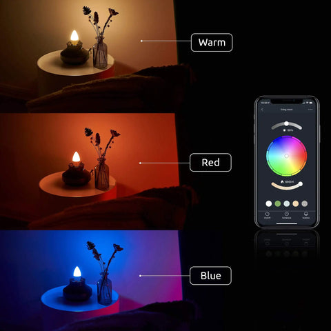 Candelabra E12 LED Smart Bulbs 2 4G WiFi RGB Color Changing Lights Works With Alexa Google Home showing color changes on app