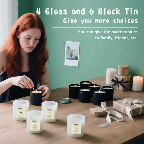 Woman using Premium Candle Making Kit With Wax Melter For DIY Scented Candles Includes Glass Jars And Tin Containers Scents.