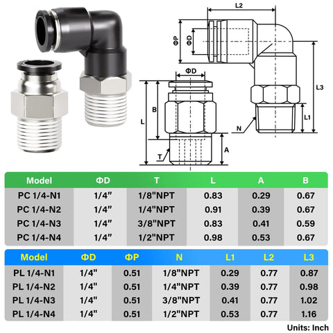 Pro Grade Elbow and Straight Push to Connect Fittings for One Quarter Inch Tube OD and One Eighth Inch NPT Thread diagram and specifications
