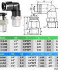 Push To Connect Pneumatic Elbow And Straight Fittings Pack Of 30 For Quick Easy Install, One Quarter Inch Tube Outer Diameter With One Eighth Inch NPT Thread, Copper And Plastic Construction, Fits PU PA PE PVC Tubing, Black And Silver diagram and specification chart