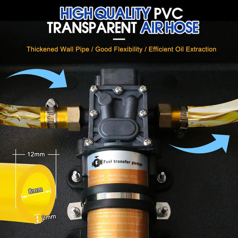 Close-up of 12V 75W Electric Fuel Transfer Pump Kit hose fittings and high-quality PVC transparent air hose details.