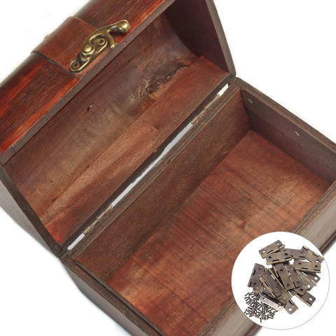 Open wooden jewelry box with 20 Pack Antique Copper Mini Hinges With Screws 1 Inch Rounded Corner Iron Hardware in inset view