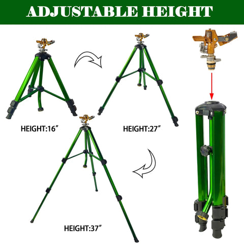 Impact Sprinkler On Tripod Base With Brass Head, adjustable heights shown at 16, 27, and 37 inches with extension legs