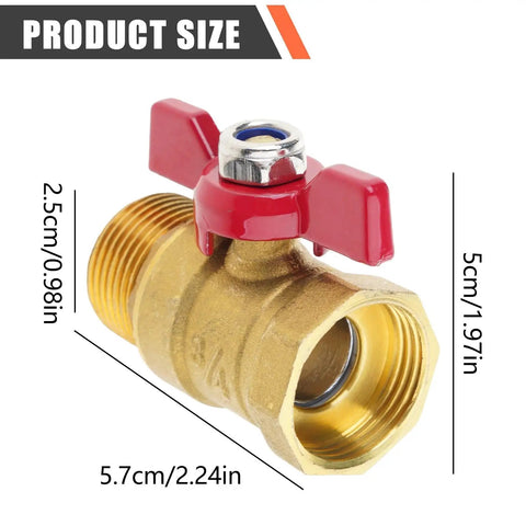Leak Proof Heavy Duty Three Quarter Inch Brass Ball Valve With Built Different Construction And Smooth Flow Control For Yard Projects Car Wash Plumbing Corrosion Resistant Setup with red handle and size dimensions.