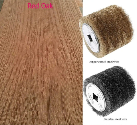 Stainless Steel Wire Wheel For Wood And Metal Surface Polishing And Rust Removal Heavy Duty Workhorse displayed with Red Oak and copper coated steel wire wheel.