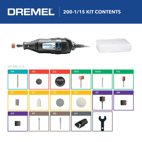 Two Speed Corded Rotary Tool Kit With 15 Accessories And One Attachment showing drill and accessories laid out in grid