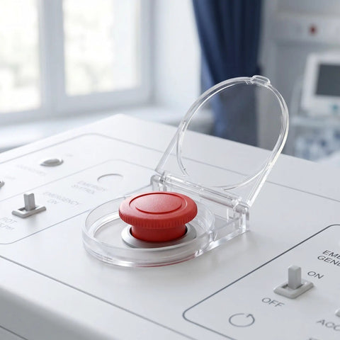 Industrial Power Button Cover With Adhesive Panel Mount, Dustproof Button Guard Shield No Fuss, shown on a control panel